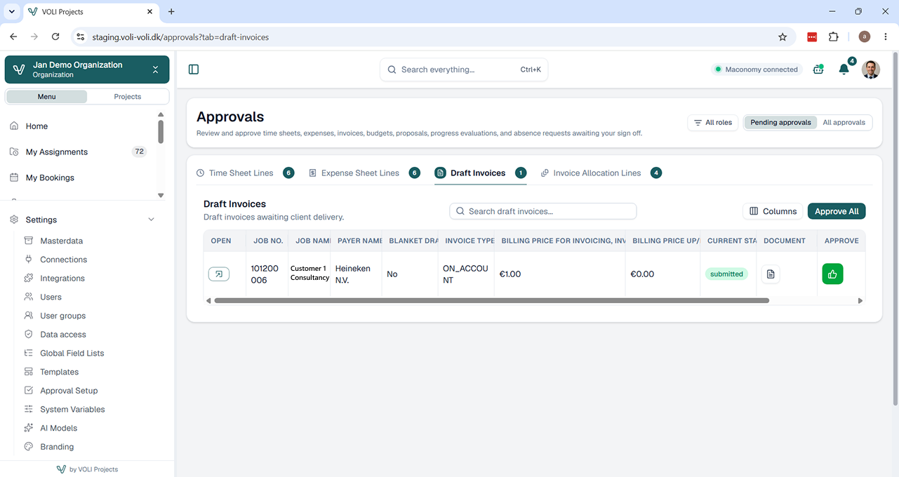 Approvals screen in VOLI Projects with invoice lines awaiting sign-off